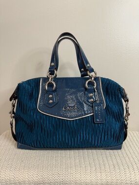 Coach Ashley Blue Ruched Sateen & Leather Satchel with Silver Hardware